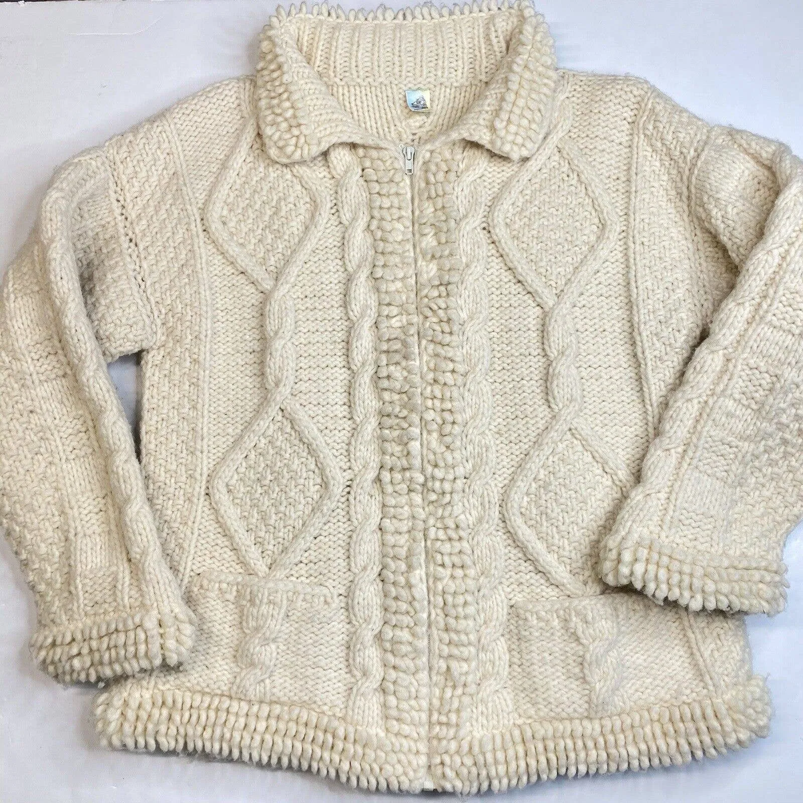 Mundo Color Wool Blend Cable Knit Cardigan L/XL Beige Full Zip Chunky Sweater