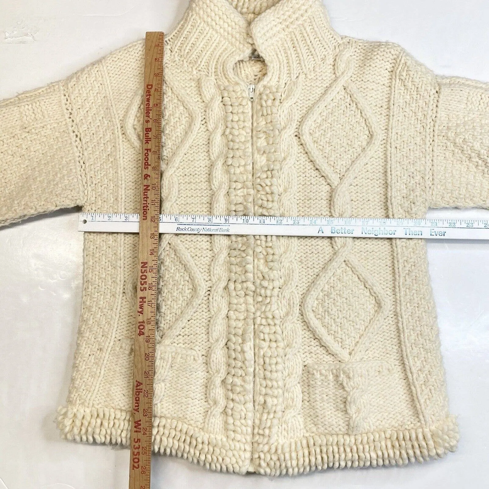 Mundo Color Wool Blend Cable Knit Cardigan L/XL Beige Full Zip Chunky Sweater