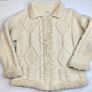 Mundo Color Wool Blend Cable Knit Cardigan L/XL Beige Full Zip Chunky Sweater