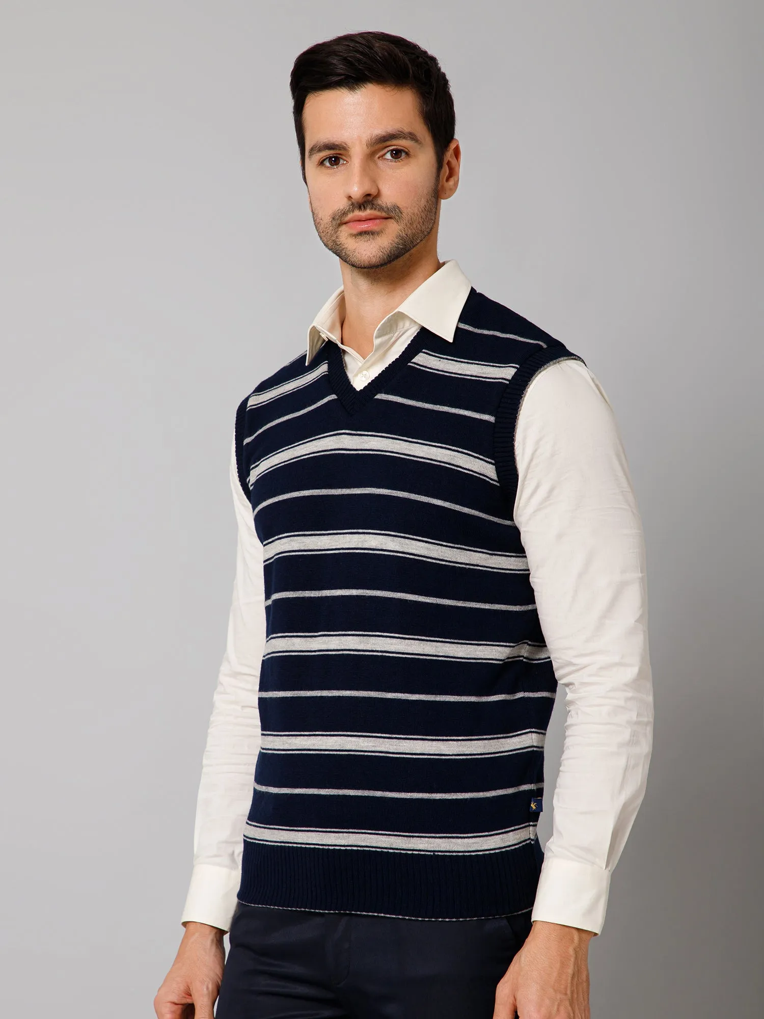 Printed Navy and Grey Sleeveless V Neck Regular Fit Reversible Casual Sweater for Men