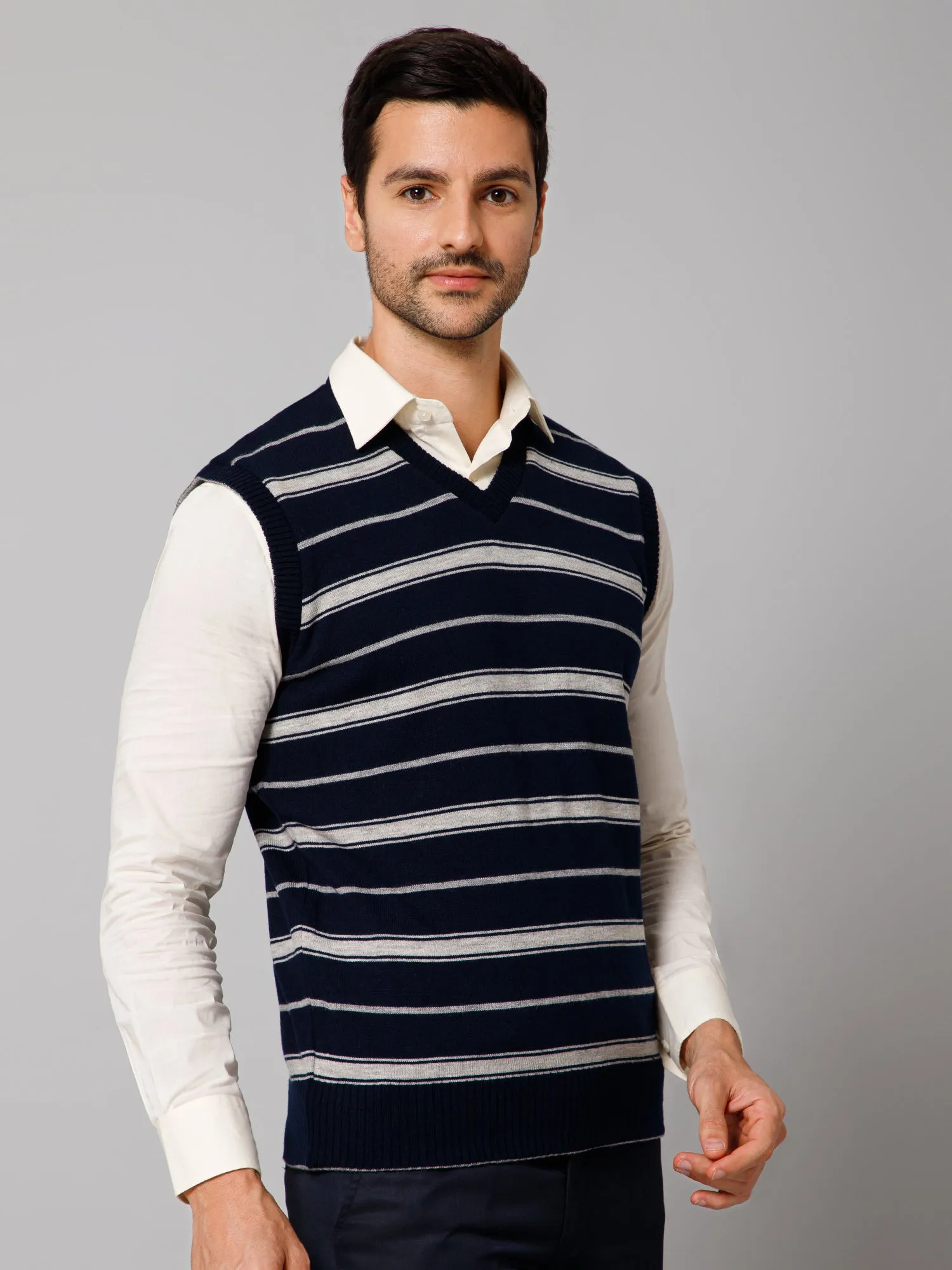 Printed Navy and Grey Sleeveless V Neck Regular Fit Reversible Casual Sweater for Men