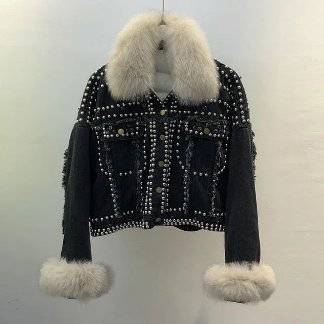 Real Fox Fur Fur 2020 New Hand Studded Rivet Denim Jacket