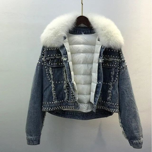 Real Fox Fur Fur 2020 New Hand Studded Rivet Denim Jacket