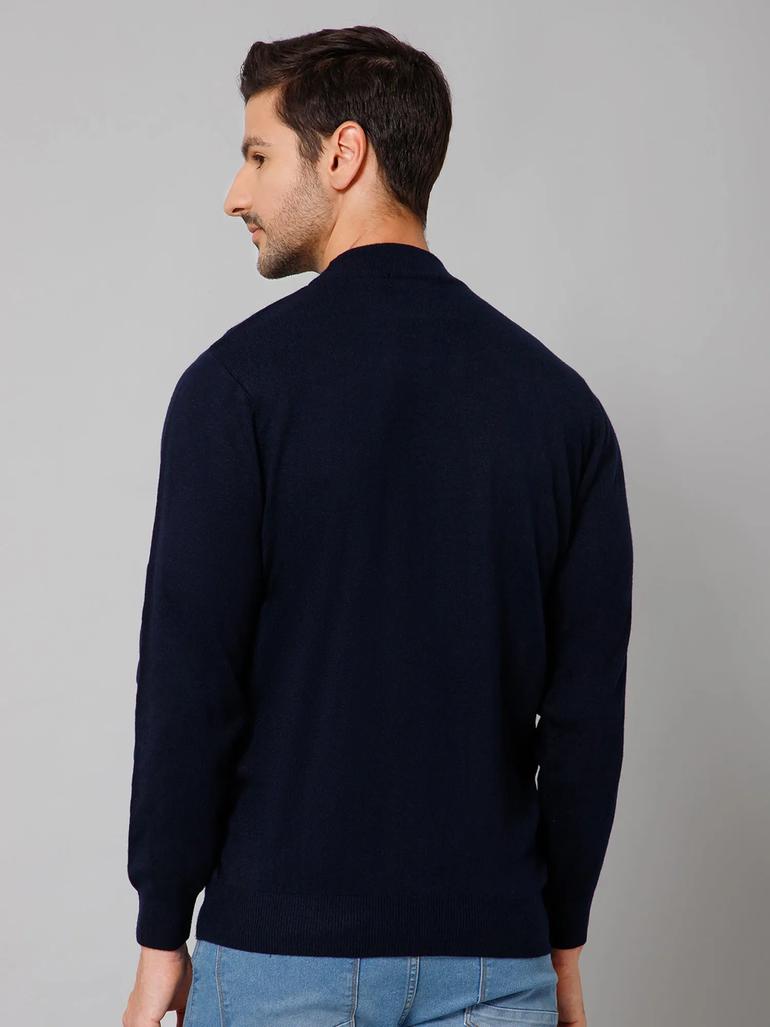 Solid Navy Blue Full Sleeves Round Neck Regular Fit Casual Sweater for Men