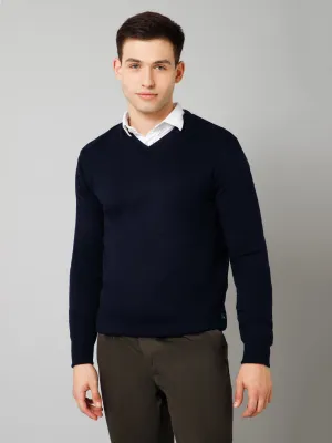 Solid Navy Blue Full Sleeves V Neck Reversible Regular Fit Casual Sweater for Men