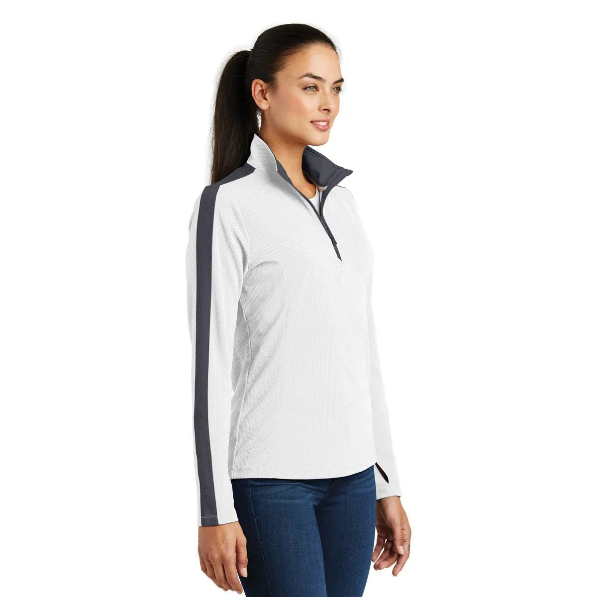 Sport-Tek Women's White/Iron Grey Sport-Wick Textured Colorblock Quarter Zip Pullover