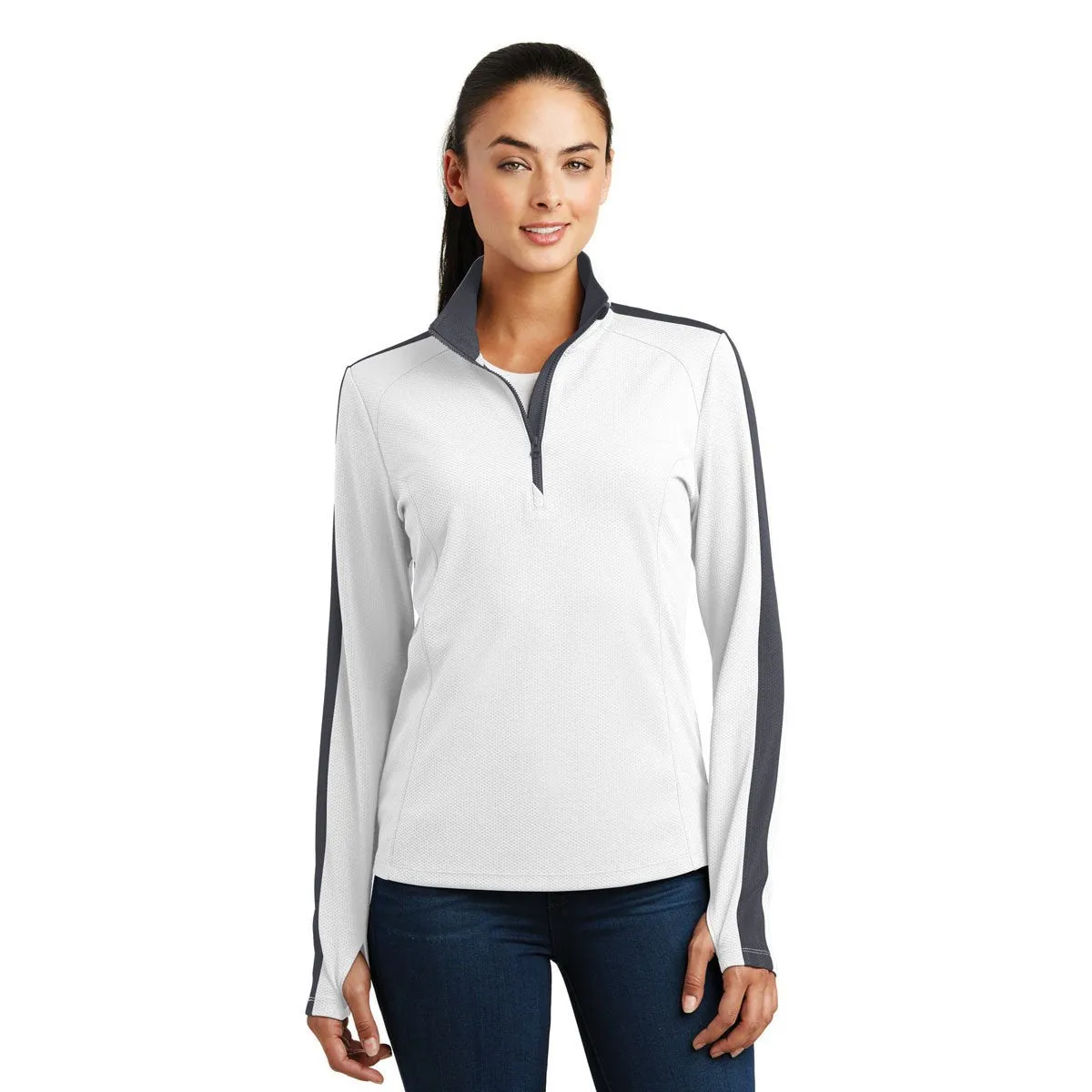 Sport-Tek Women's White/Iron Grey Sport-Wick Textured Colorblock Quarter Zip Pullover