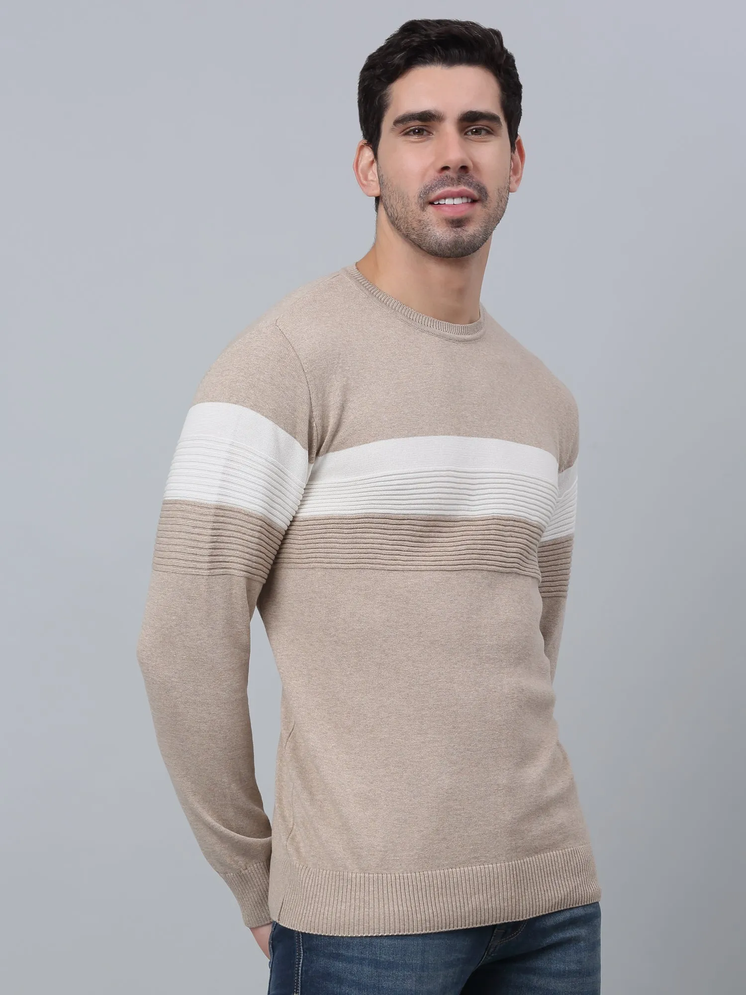 Striped Beige Full Sleeves Round Neck Regular Fit Casual Light Winter Sweater for Men