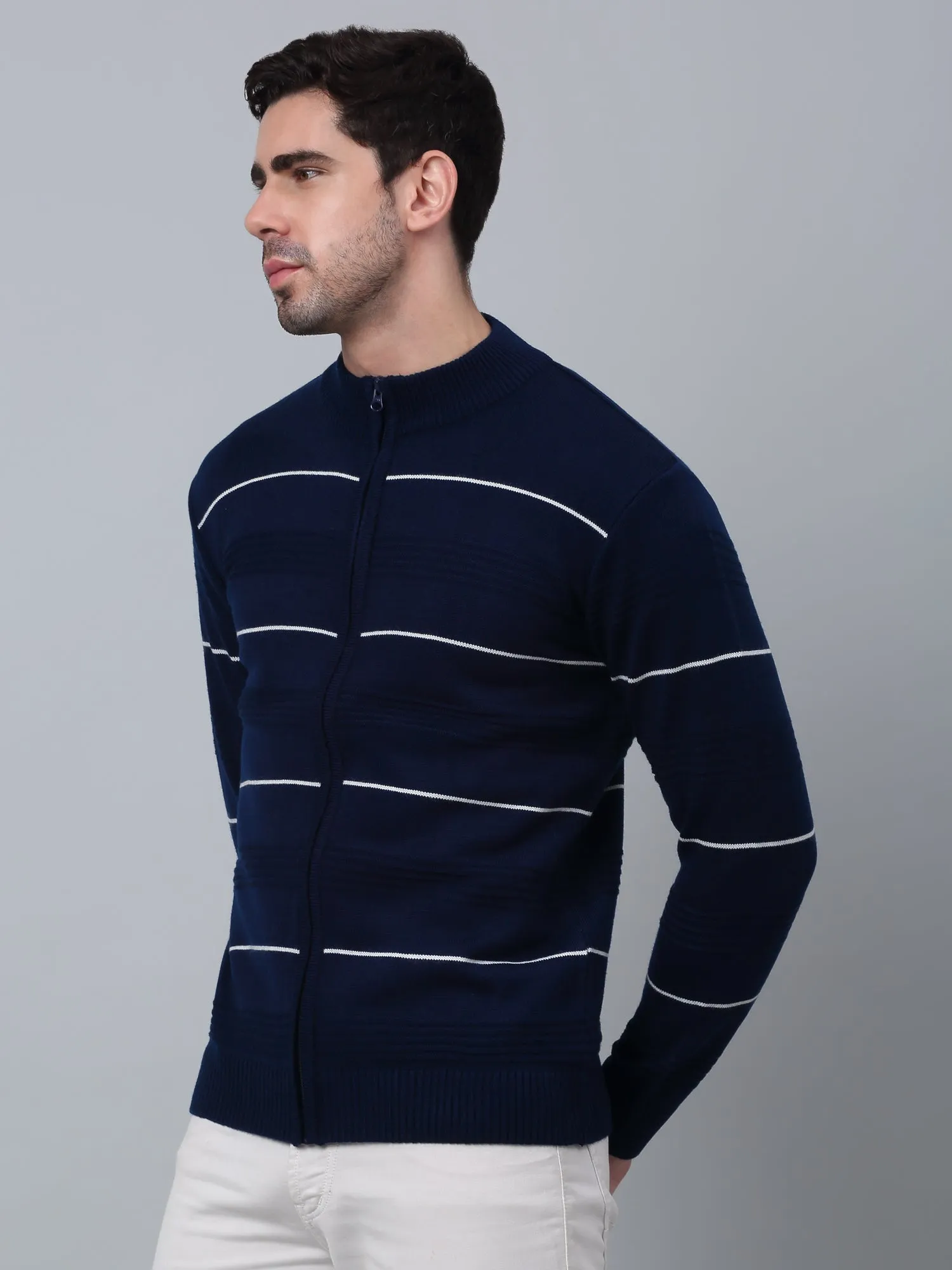 Striped Royal Blue Full Sleeves Mock Collar Regular Fit Casual Sweater for Men