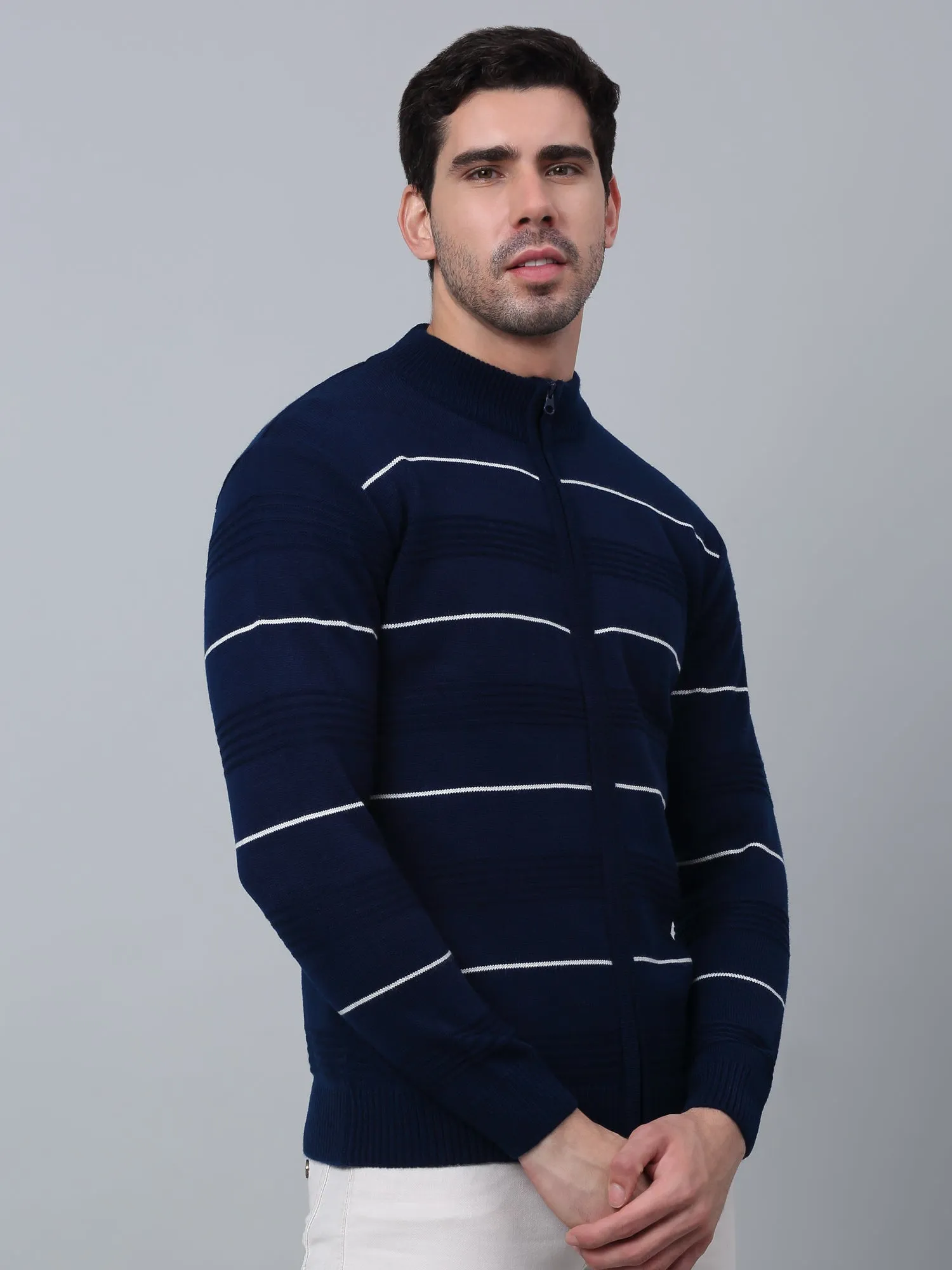 Striped Royal Blue Full Sleeves Mock Collar Regular Fit Casual Sweater for Men