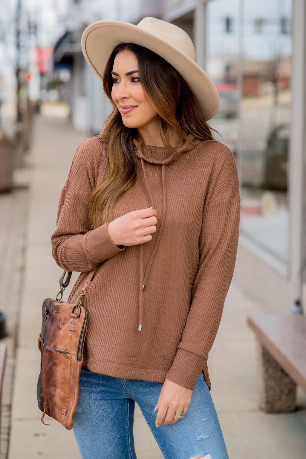 Thermal Side Slit Cowl Neck Sweatshirt