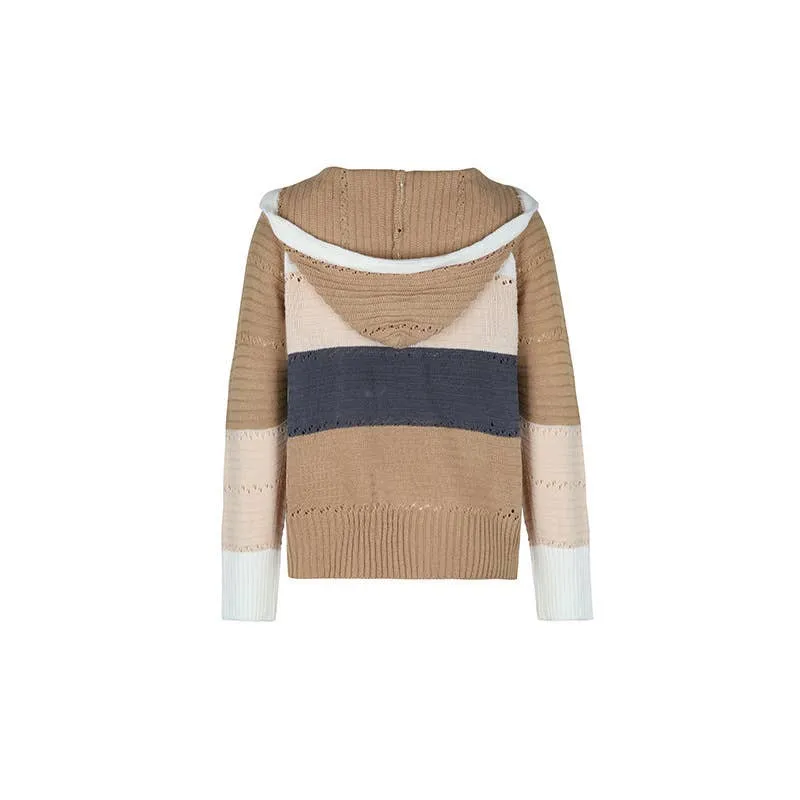 V-Neck Hooded Color-Block Knitted Long-Sleeved Sweater