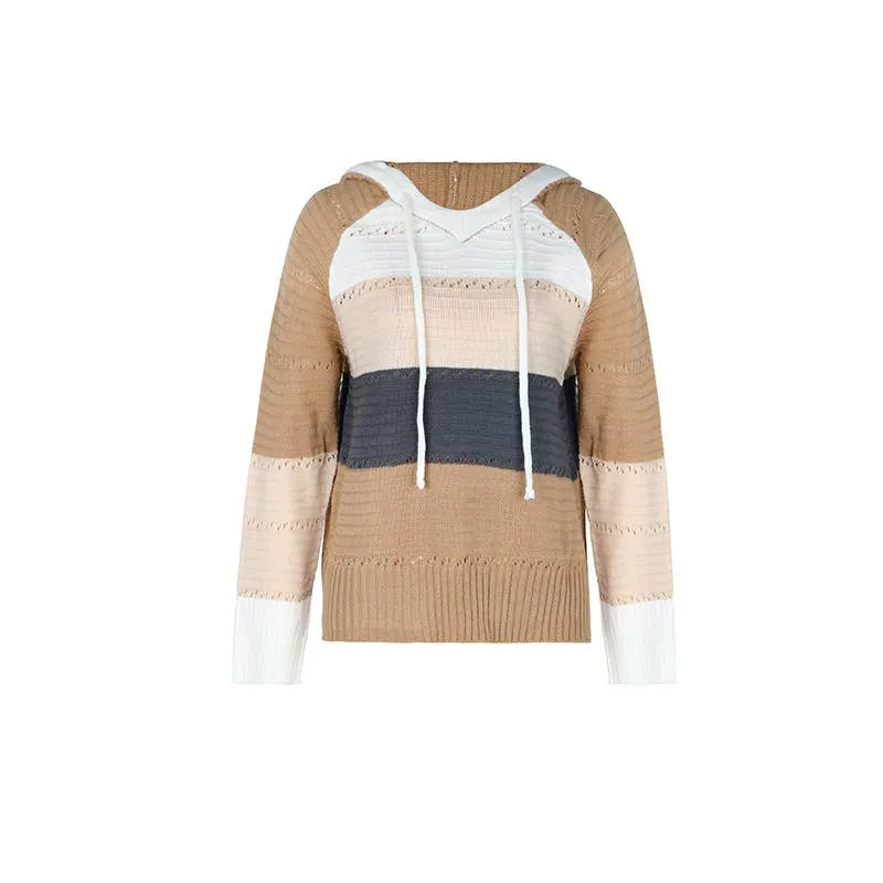 V-Neck Hooded Color-Block Knitted Long-Sleeved Sweater