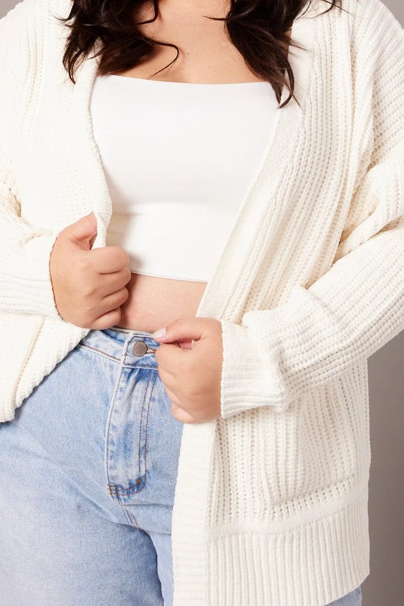 White Knit Cardigan Longline Chenille