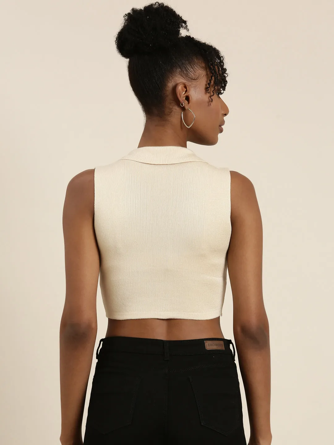 Women Beige Solid Fitted Crop Top