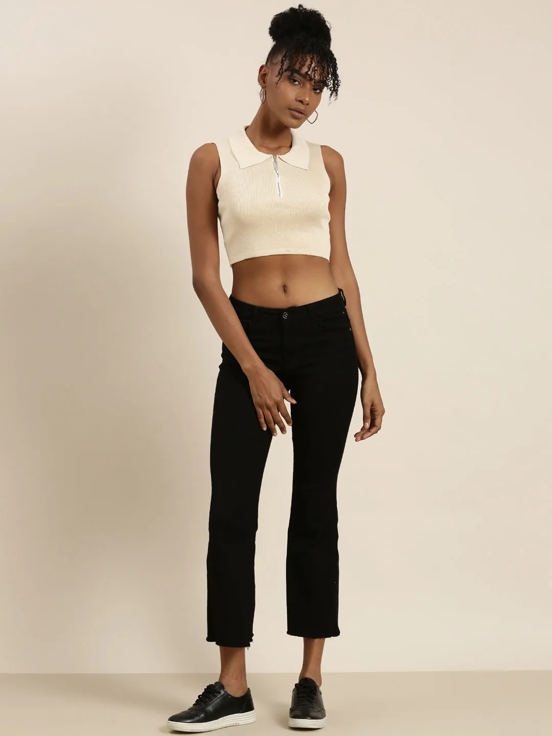 Women Beige Solid Fitted Crop Top