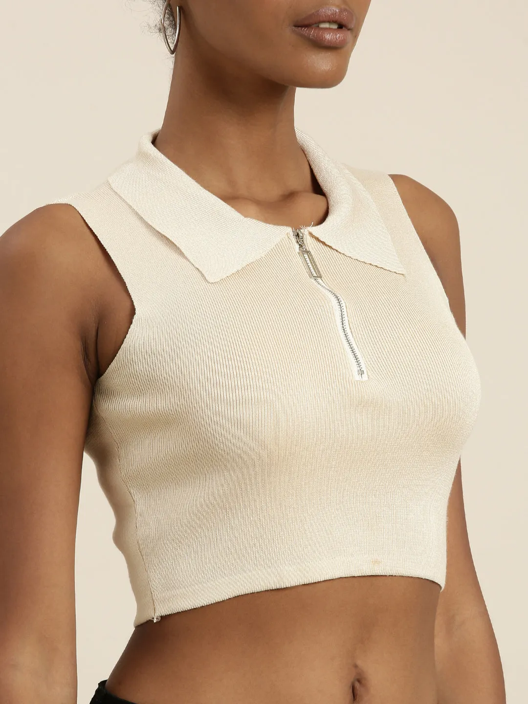 Women Beige Solid Fitted Crop Top