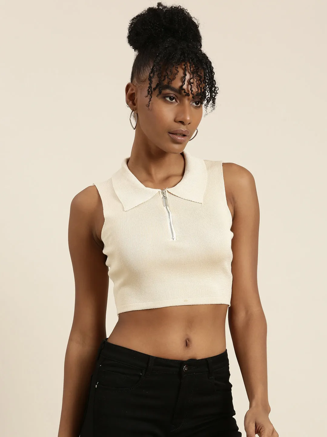 Women Beige Solid Fitted Crop Top