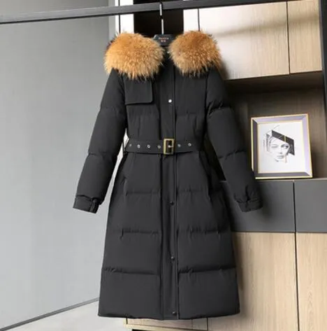 Women Down Coat Hooded Big Natural Raccoon Fox Fur Collar 90% White Duck Down Jacket Female Korean Ladies Outerwear With Belt