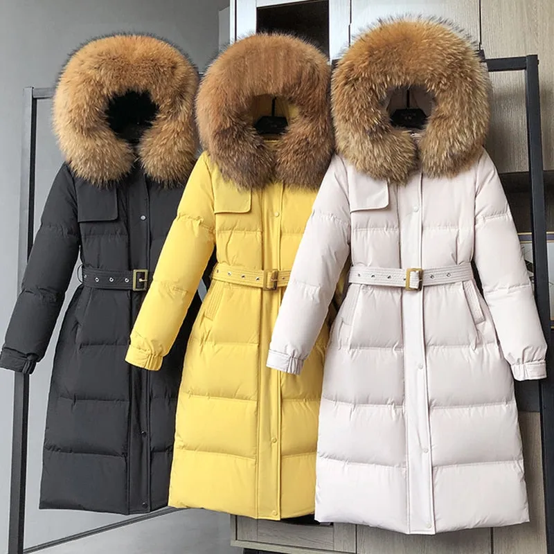 Women Down Coat Hooded Big Natural Raccoon Fox Fur Collar 90% White Duck Down Jacket Female Korean Ladies Outerwear With Belt