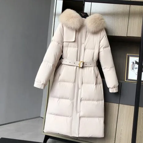 Women Down Coat Hooded Big Natural Raccoon Fox Fur Collar 90% White Duck Down Jacket Female Korean Ladies Outerwear With Belt