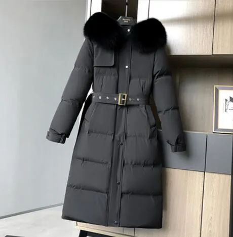 Women Down Coat Hooded Big Natural Raccoon Fox Fur Collar 90% White Duck Down Jacket Female Korean Ladies Outerwear With Belt