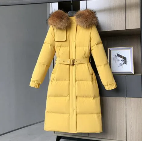 Women Down Coat Hooded Big Natural Raccoon Fox Fur Collar 90% White Duck Down Jacket Female Korean Ladies Outerwear With Belt