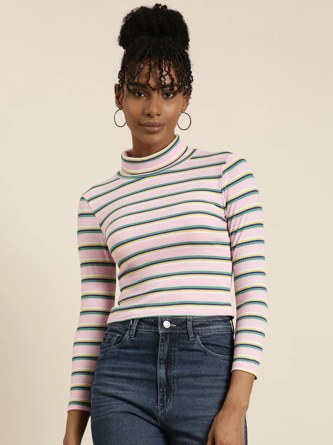 Women Pink Striped Crop Top