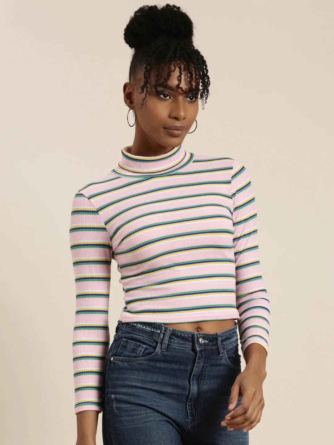 Women Pink Striped Crop Top