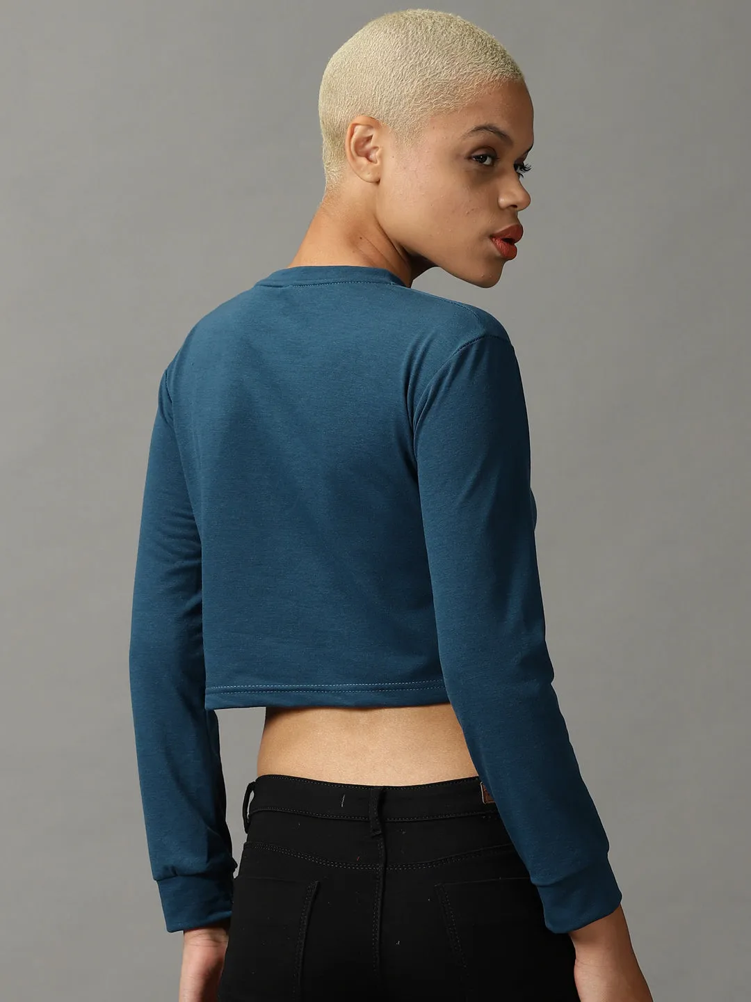 Women's Blue Solid Boxy Crop Top