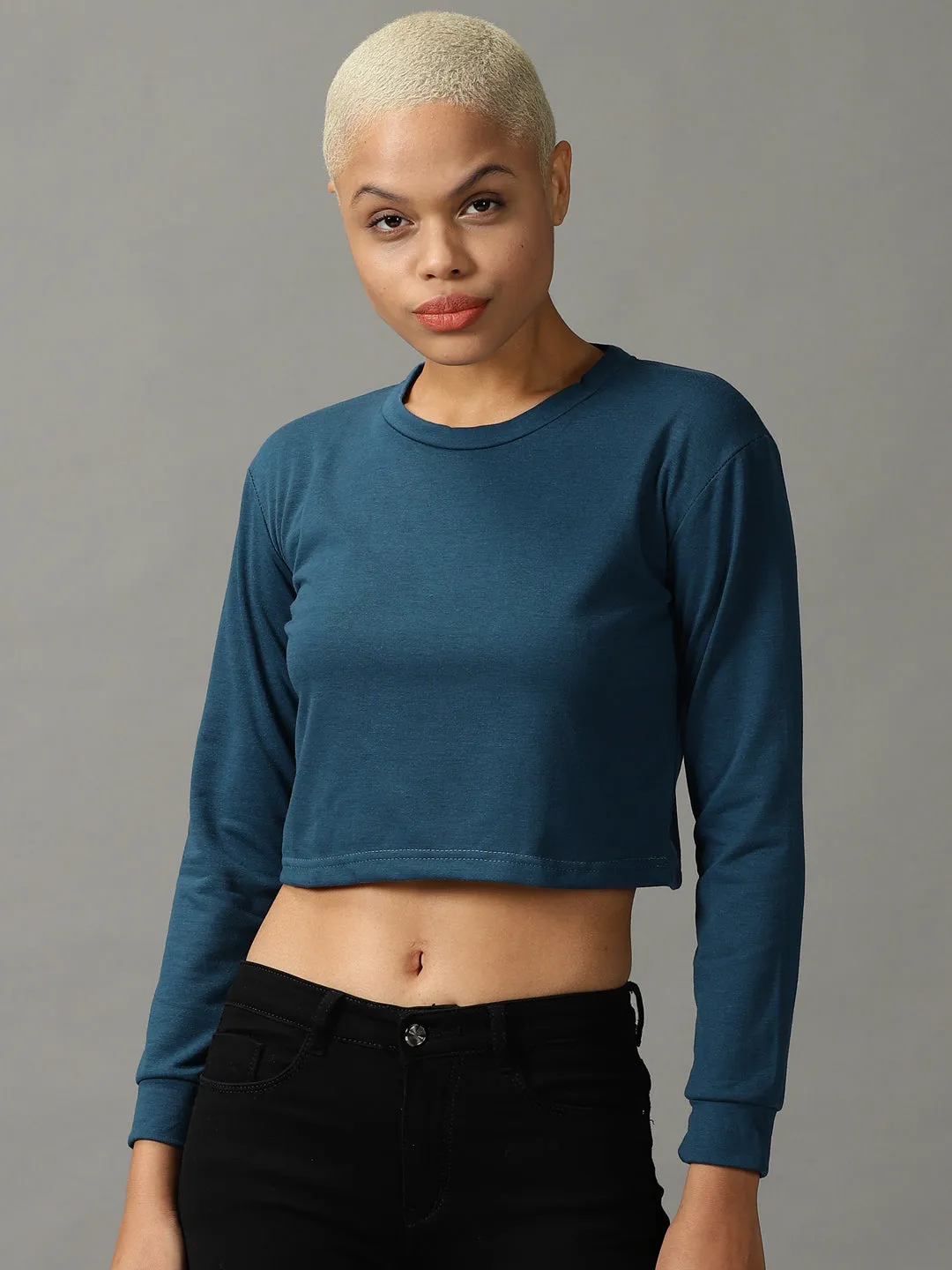 Women's Blue Solid Boxy Crop Top