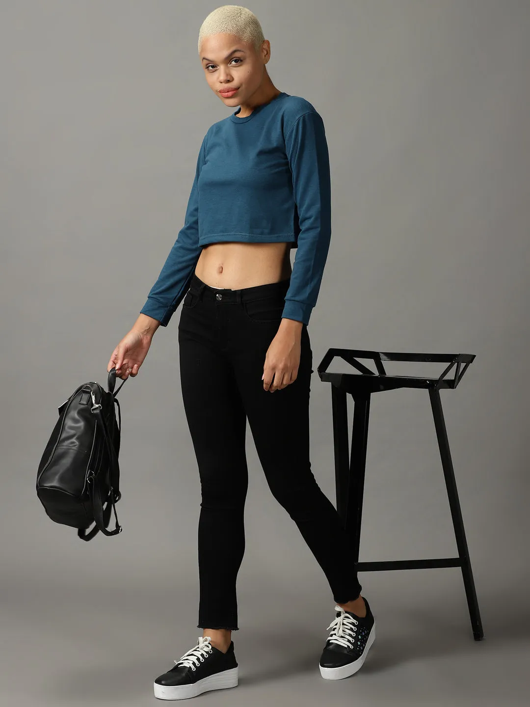 Women's Blue Solid Boxy Crop Top