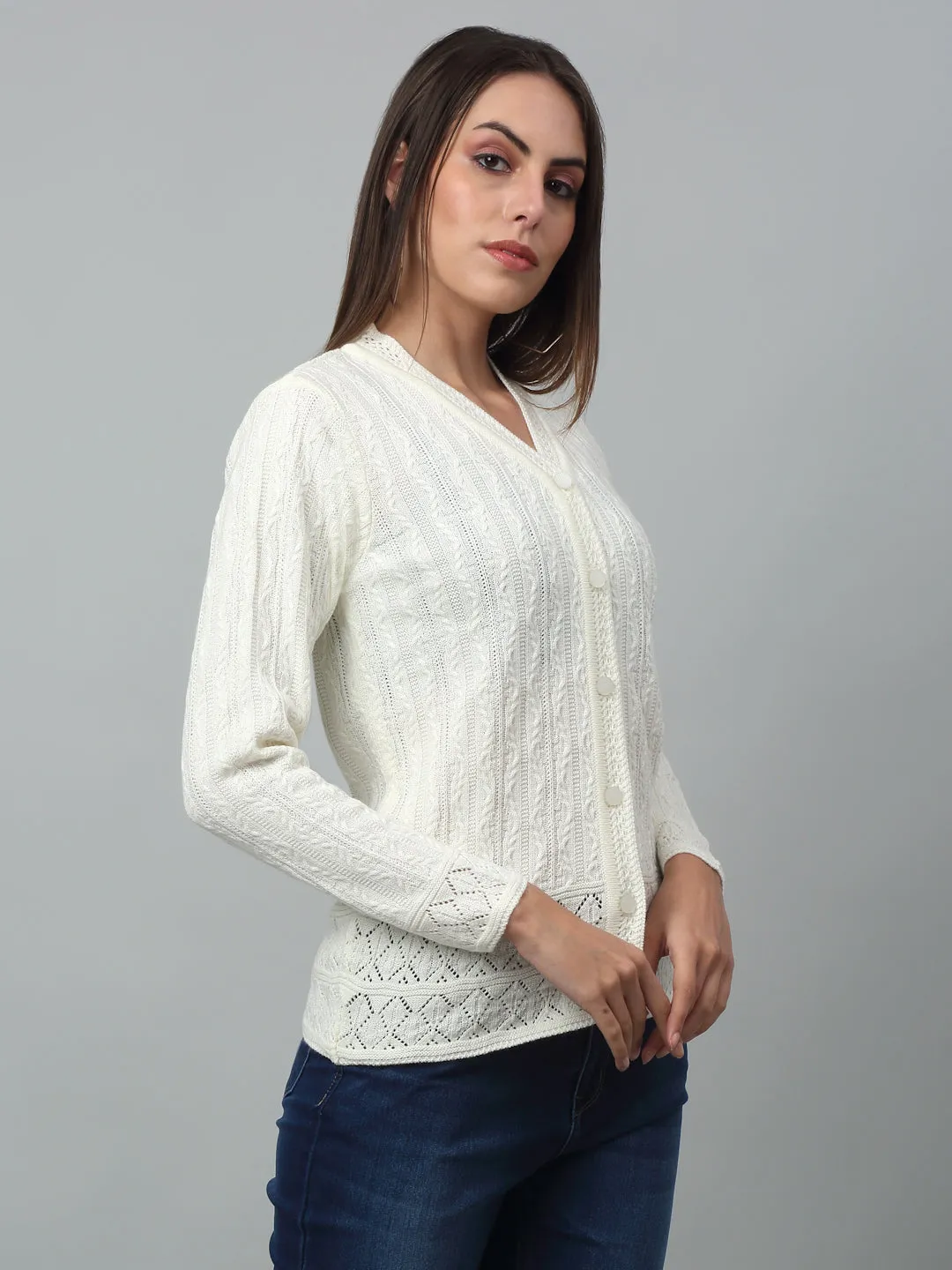 Women's Casual  Ivory V neck Cardigan Sweater