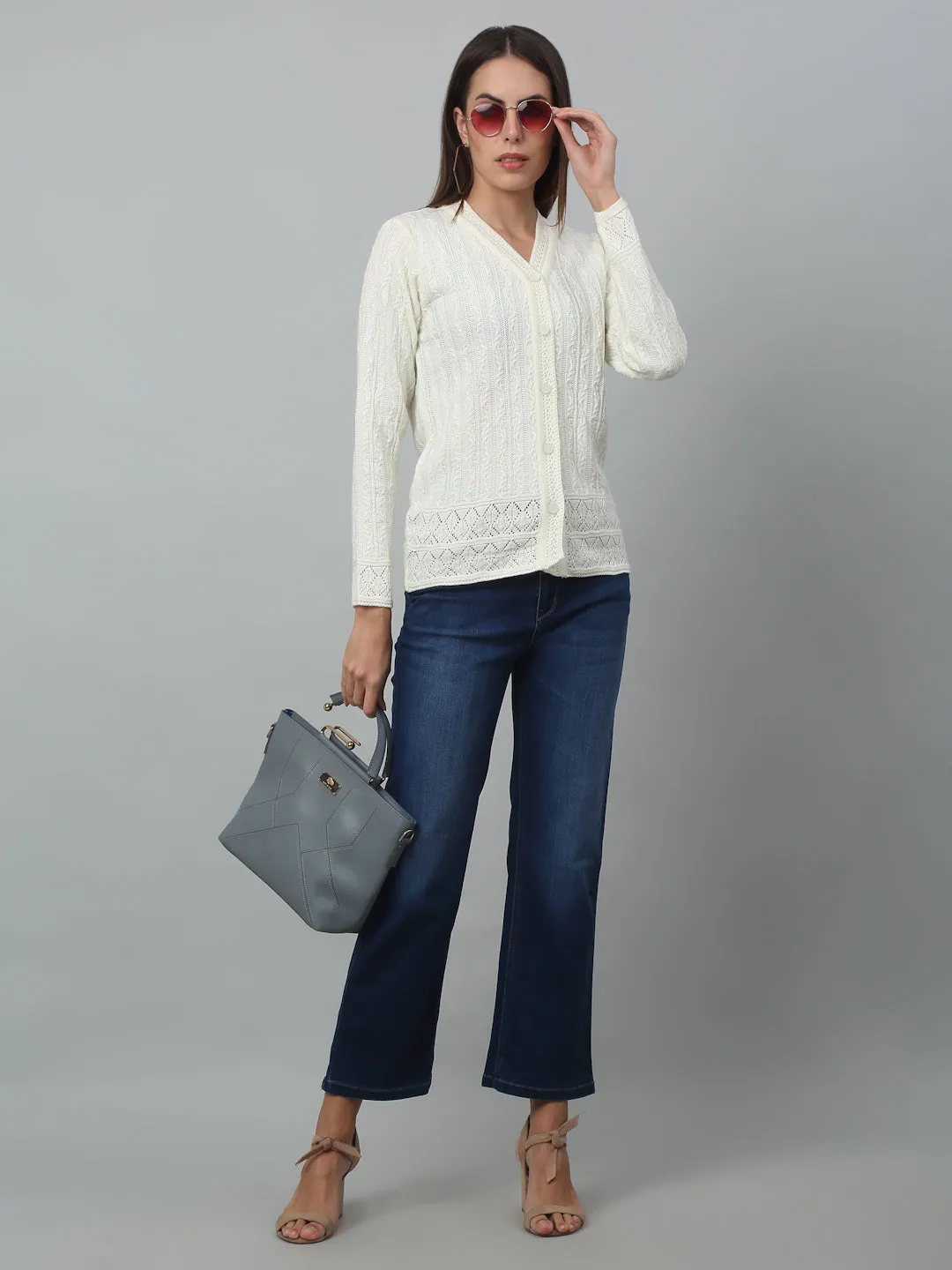 Women's Casual  Ivory V neck Cardigan Sweater