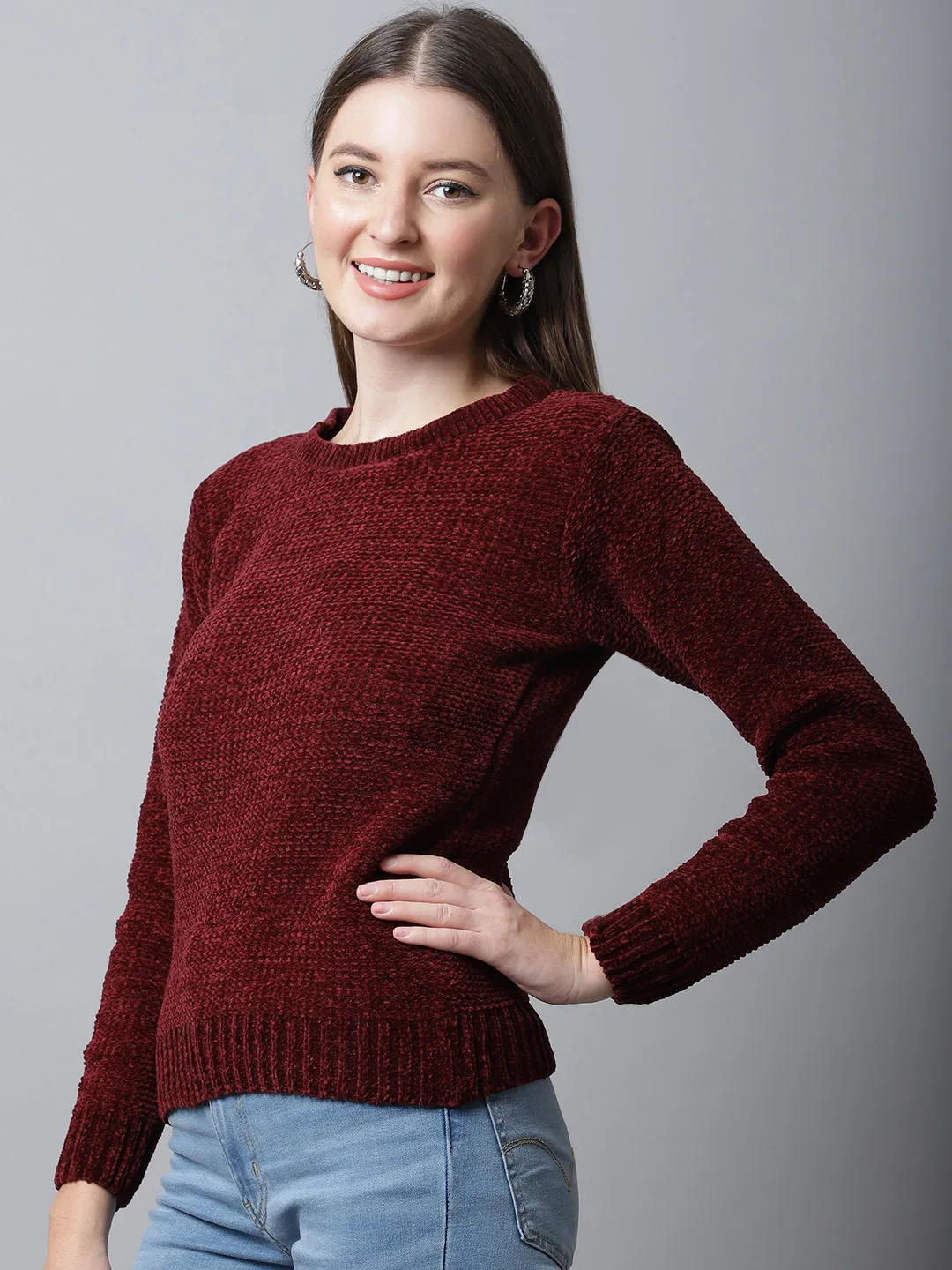 Women's Casual  Maroon Round neck Pullover Sweater