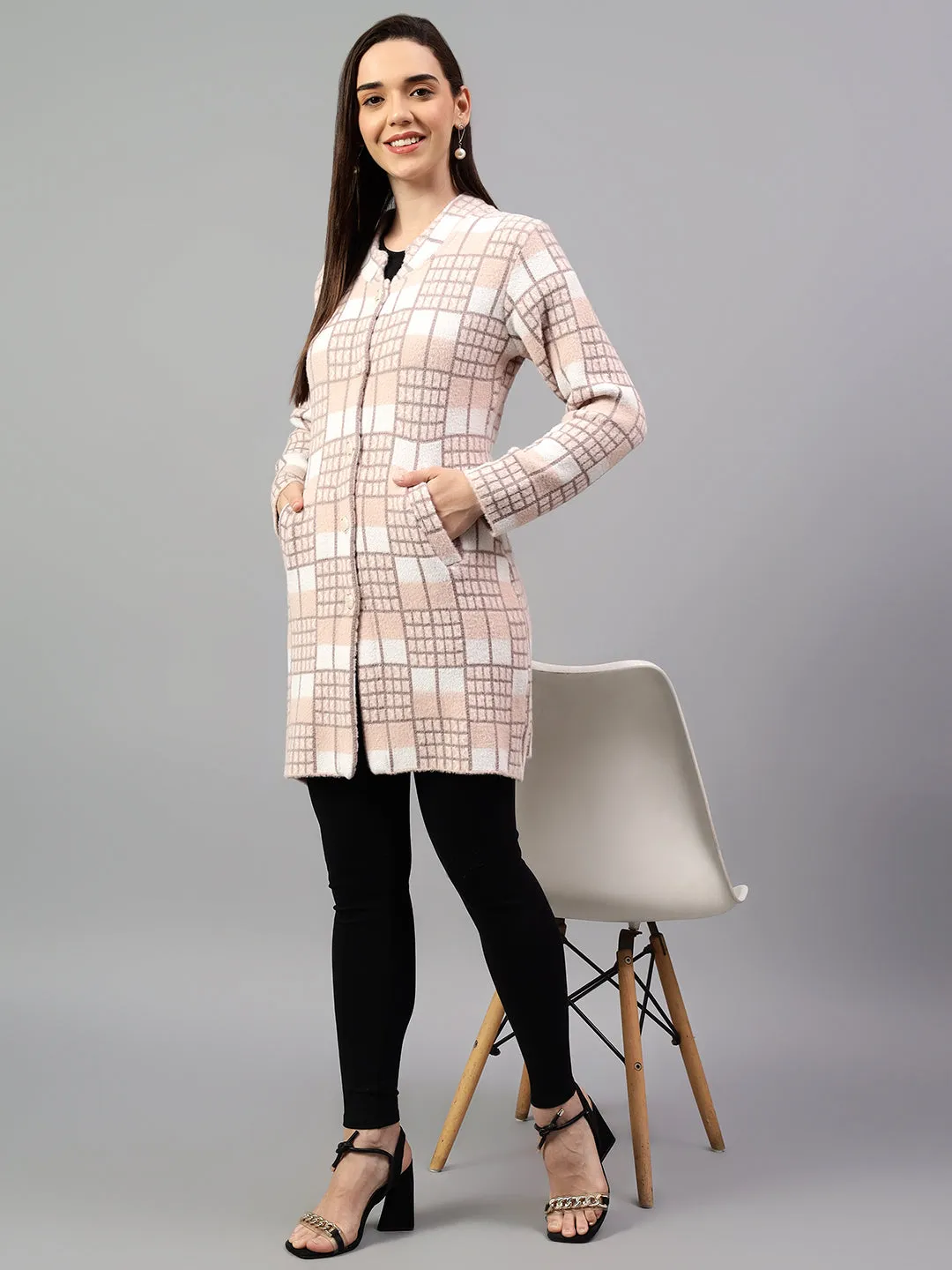 Women's Checked Peach Full Sleeve Cardigan Casual Sweater