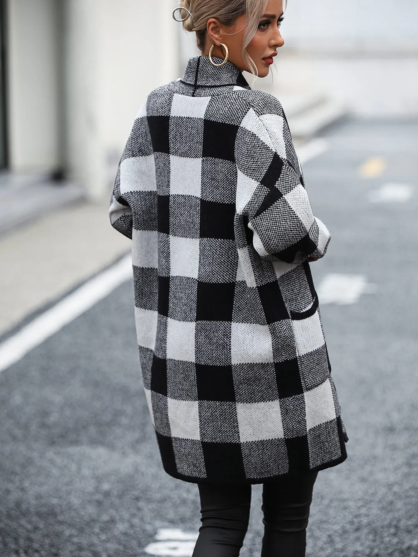 Women's Knit Plaid Pockets Long Cardigan - Shawl Collar Sweater Coat