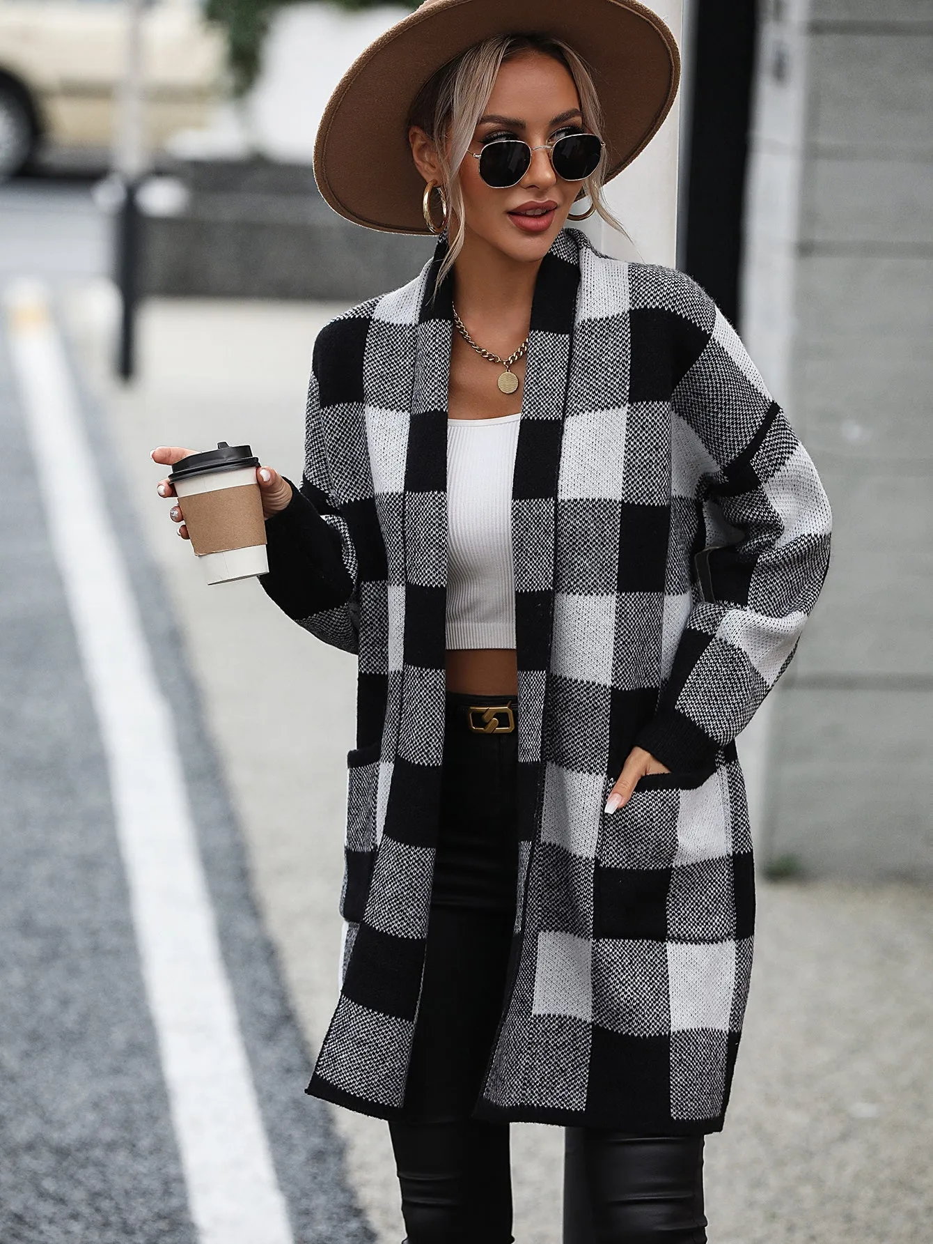 Women's Knit Plaid Pockets Long Cardigan - Shawl Collar Sweater Coat