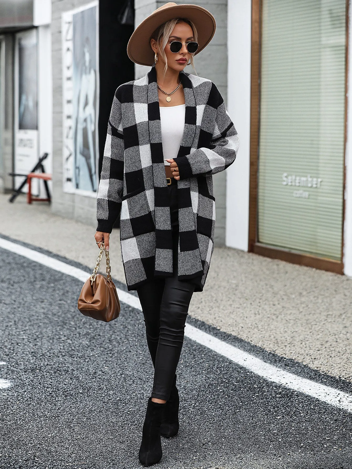 Women's Knit Plaid Pockets Long Cardigan - Shawl Collar Sweater Coat