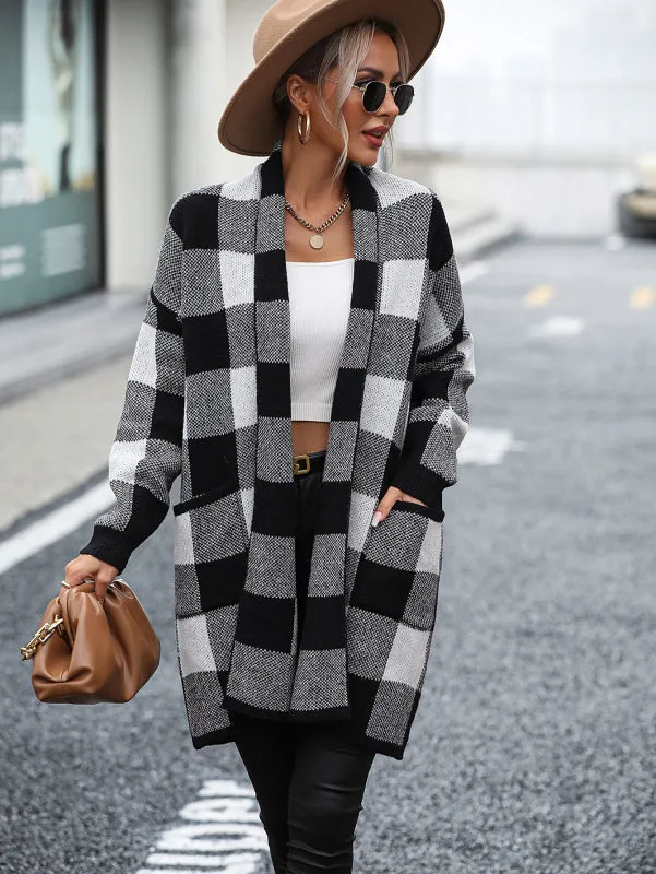 Women's Knit Plaid Pockets Long Cardigan - Shawl Collar Sweater Coat