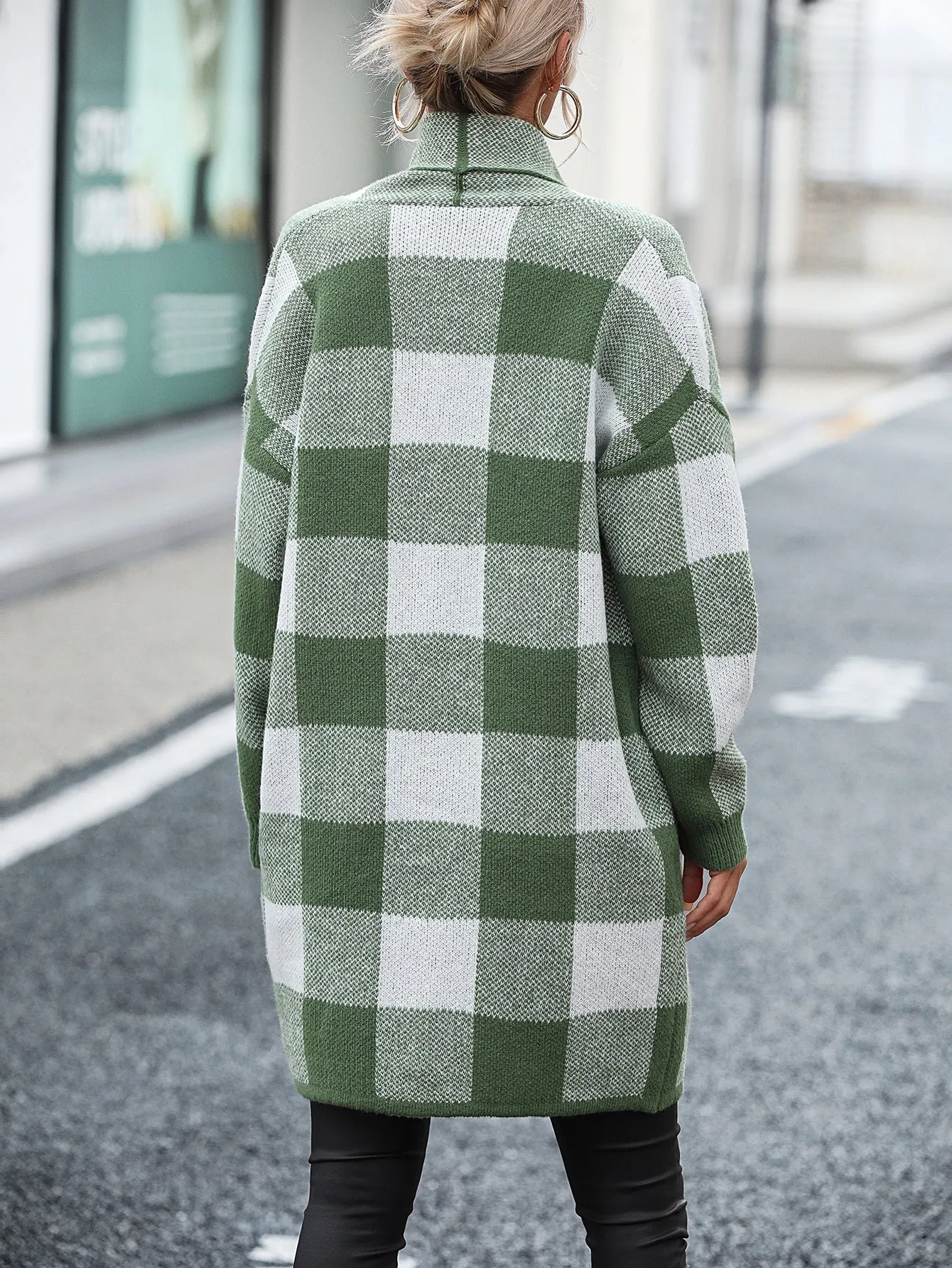 Women's Knit Plaid Pockets Long Cardigan - Shawl Collar Sweater Coat