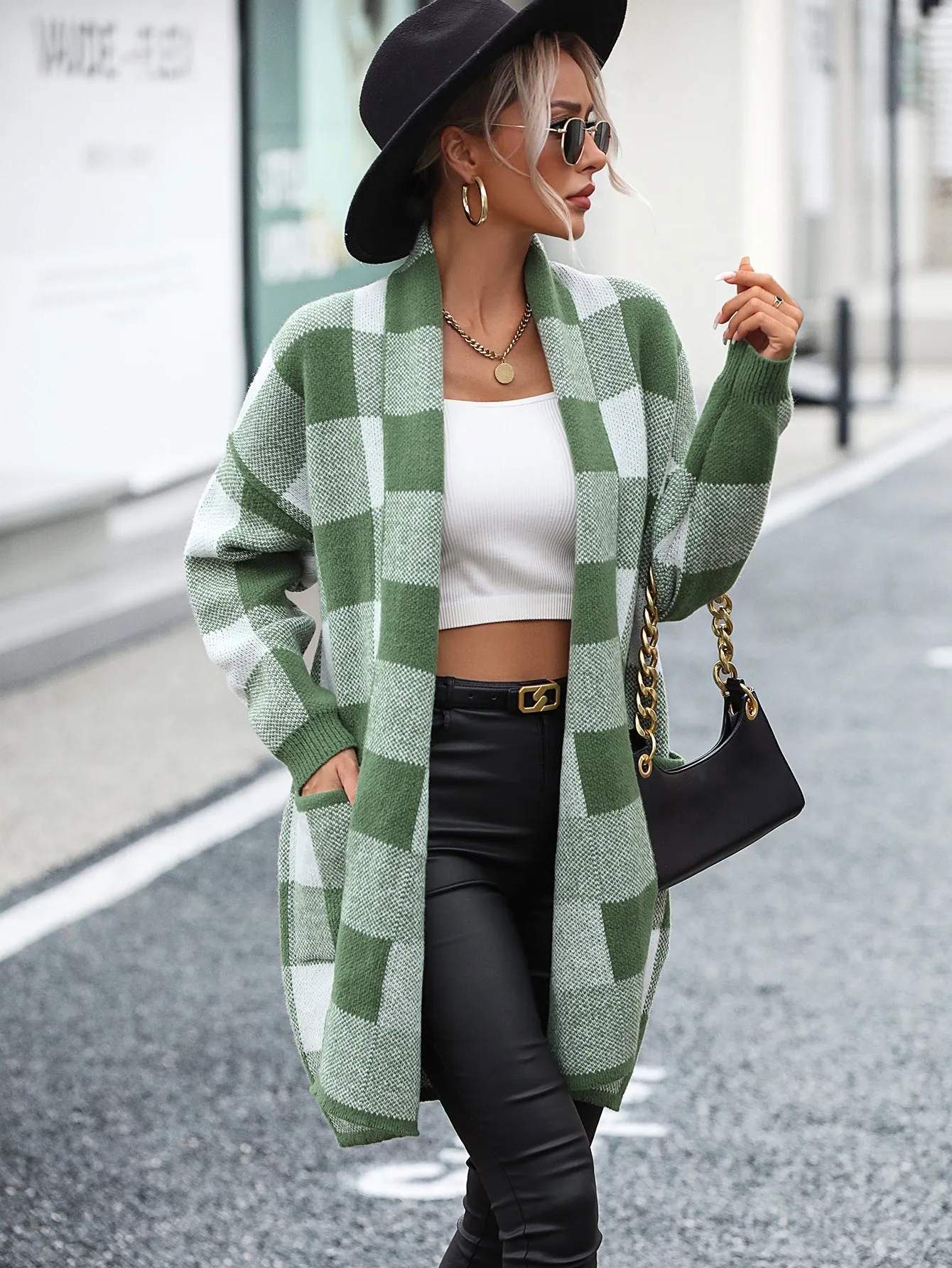 Women's Knit Plaid Pockets Long Cardigan - Shawl Collar Sweater Coat