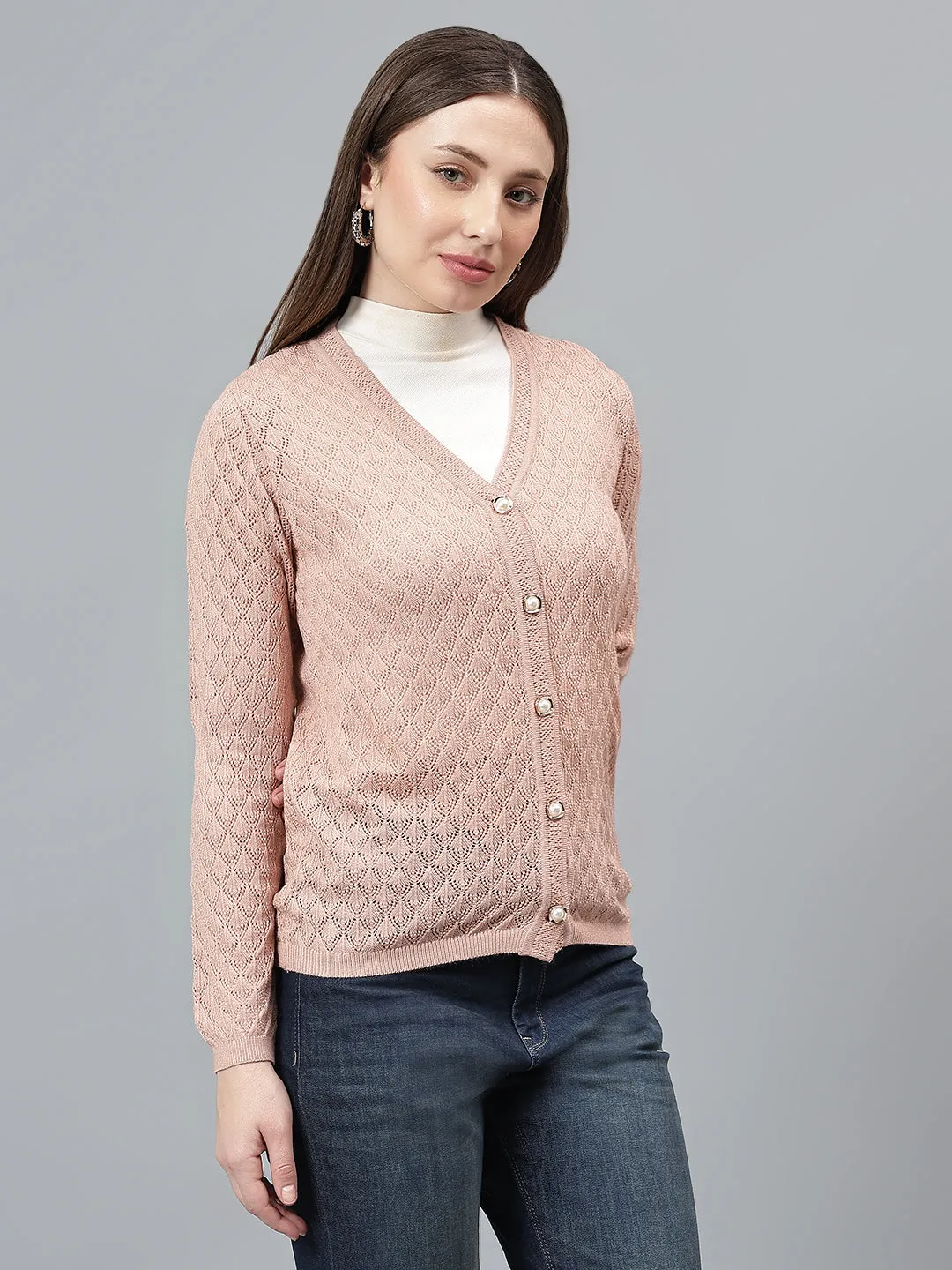 Women's Self Design Dusty Pink Full Sleeves Casual Sweater