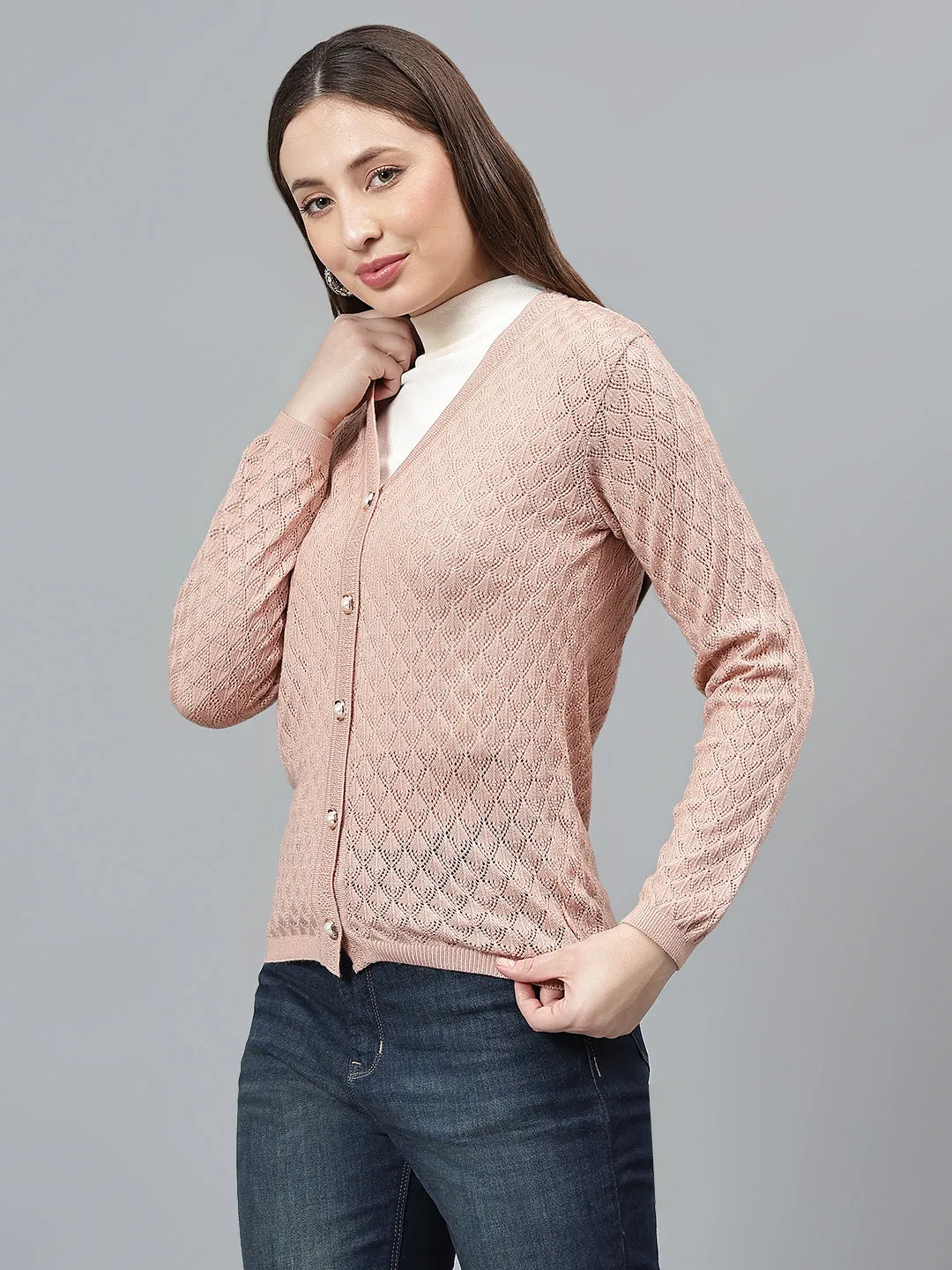 Women's Self Design Dusty Pink Full Sleeves Casual Sweater